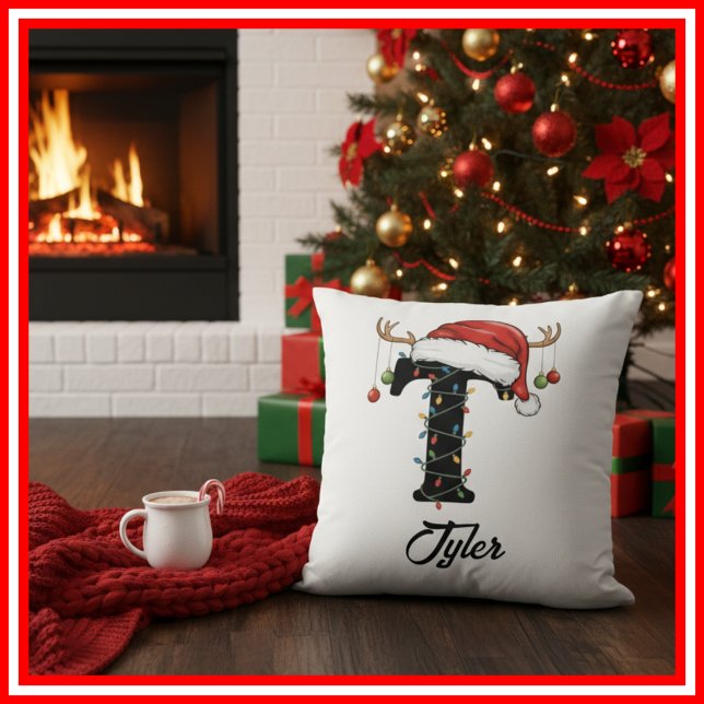 Monogram Family Christmas Antlers Santa Hat  Throw Pillow (Creator Uploaded)