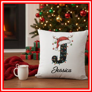 Monogram Family Christmas Antlers Santa Hat Throw Pillow