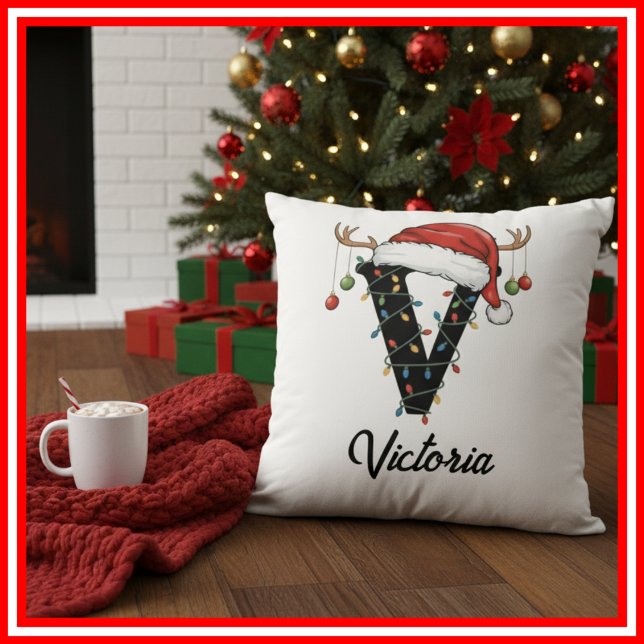 Monogram Family Christmas Antlers Santa Hat  Throw Pillow (Creator Uploaded)
