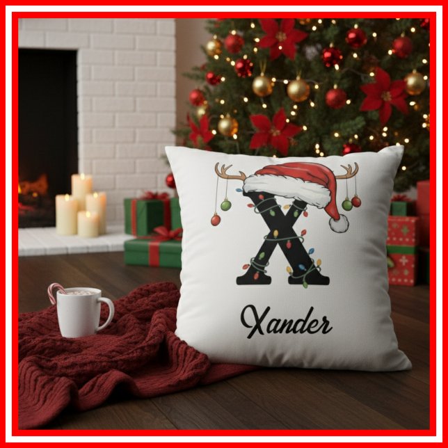 Monogram Family Christmas Antlers Santa Hat  Throw Pillow (Creator Uploaded)