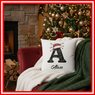 Monogram Family Christmas Antlers Santa Hat Throw Pillow