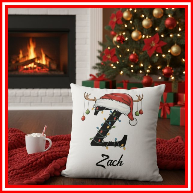 Monogram Family Christmas Antlers Santa Hat  Throw Throw Pillow (Creator Uploaded)
