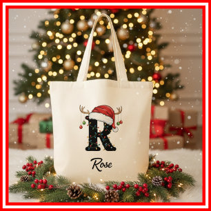 Monogram Family Christmas Antlers Santa Hat  Tote Bag