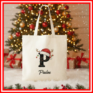 Monogram Family Christmas Antlers Santa Hat  Tote Bag