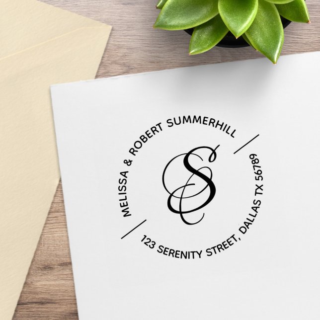 Monogram Family Couple Round Address Rubber Stamp (Creator Uploaded)