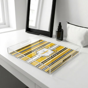 Monogram Family Crest Elegant Yellow Stripe Vanity Acrylic Tray