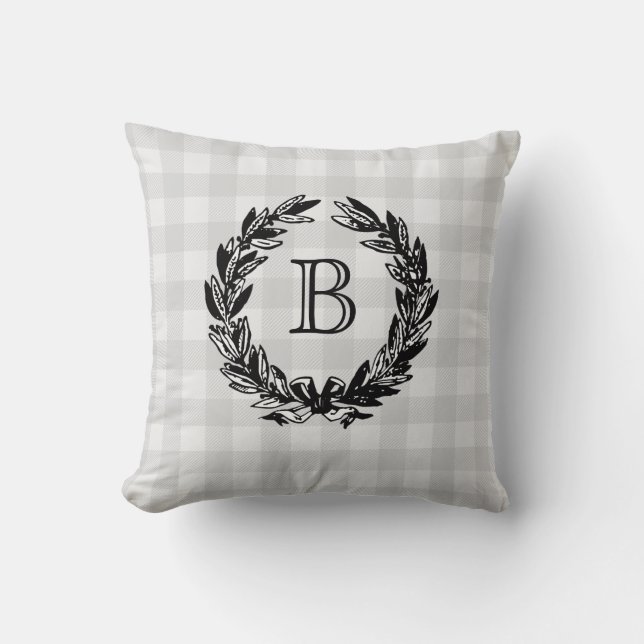 Monogram Family Crest Wreath Gray Check Throw Pillow (Front)