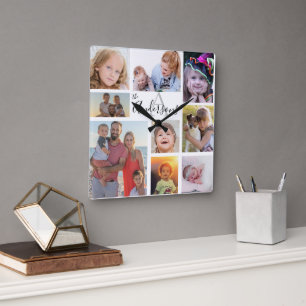 Monogram Family Eight Photo Customized Square Wall Clock