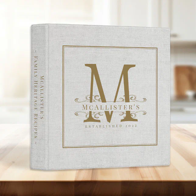 Monogram Family Establish Gold Classy Linen Recipe 3 Ring Binder | Zazzle