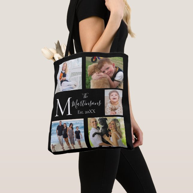 Monogram Family Five Photo Collage  Tote Bag (Close Up)