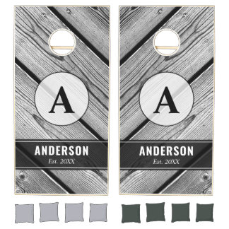 Monogram Family Gray Wood Personalized Cornhole Set