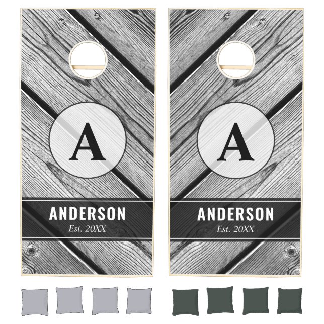 Monogram Family Gray Wood Personalized Cornhole Set (Set)