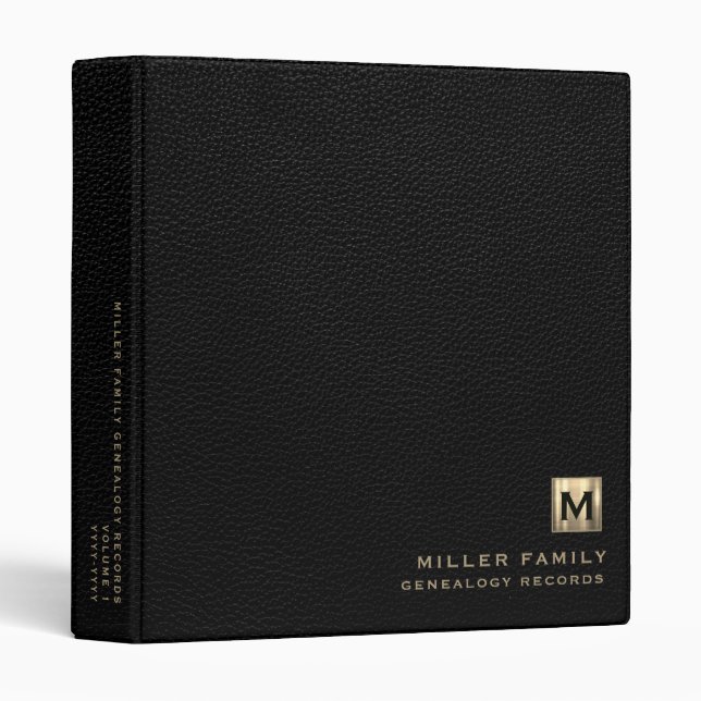 Monogram Family History Black Leather 3 Ring Binder (Front/Spine)