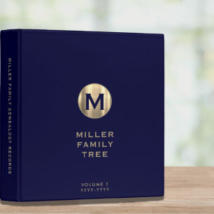 Monogram Family History Navy Blue Gold 3 Ring Binder