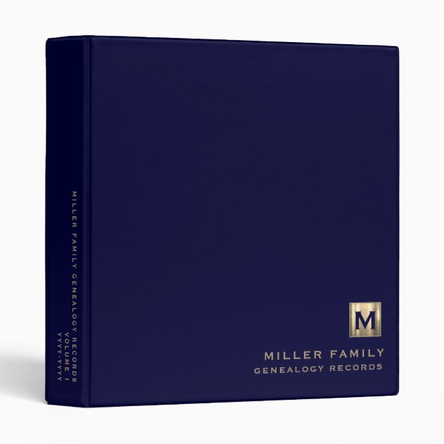 Monogram Family History Navy Gold 3 Ring Binder (Front/Spine)