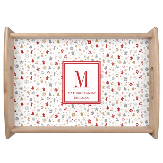 Monogram Family Initial Christmas Themed Serving Tray (Front)