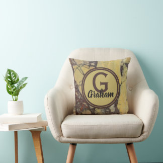 Monogram Family Initial Yellow Marble Pattern Throw Pillow