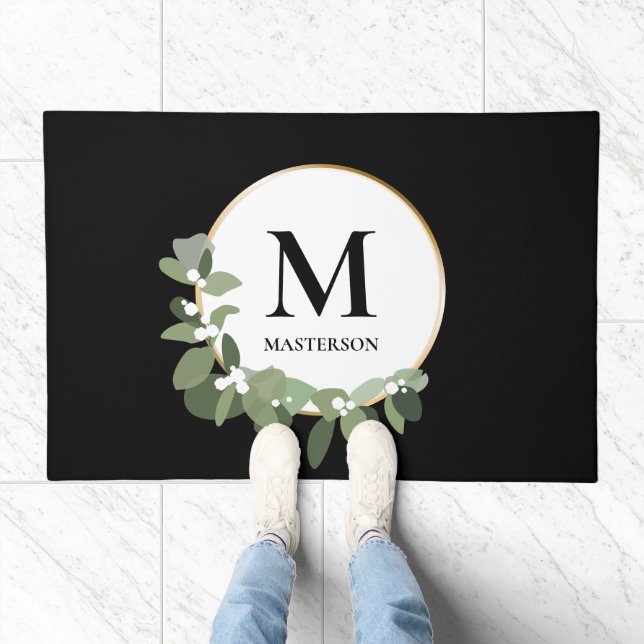 Monogram Family last name Modern Christmas Wreath Doormat (Indoor)