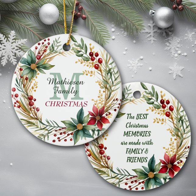 Monogram Family Memories Christmas Wreath Ceramic Ornament (Creator Uploaded)