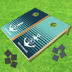 Monogram Family Name Anchor Blue Retro Stripe Cornhole Set