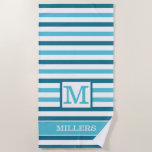 Monogram Family Name Aqua Blue And White Striped   Beach Towel at Zazzle