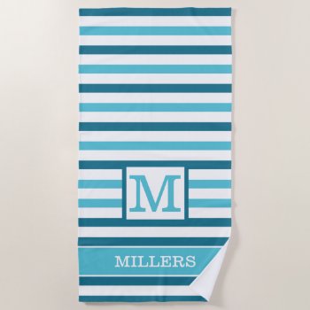 Monogram Family Name Aqua Blue And White Striped   Beach Towel by InitialsMonogram at Zazzle