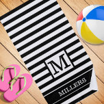 Monogram Family Name Black White Cabana Stripe  Beach Towel at Zazzle