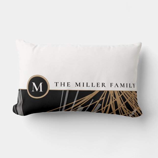 Monogram Family Name | Black White & Gold Ribbons Lumbar Pillow (Front)
