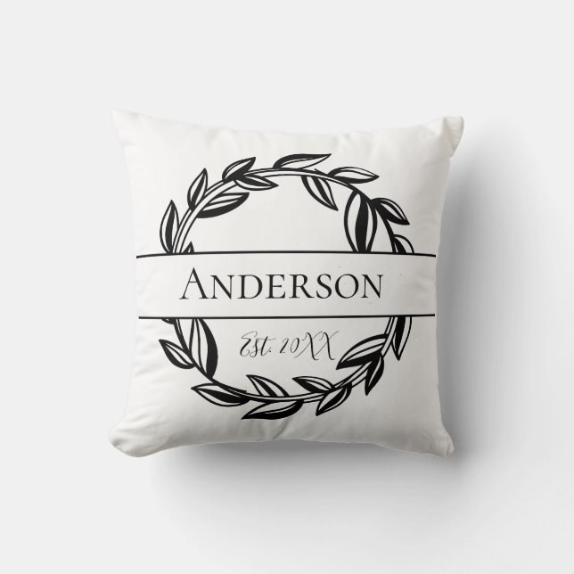 Monogram Family Name Black White Leaf  Throw Pillow (Front)