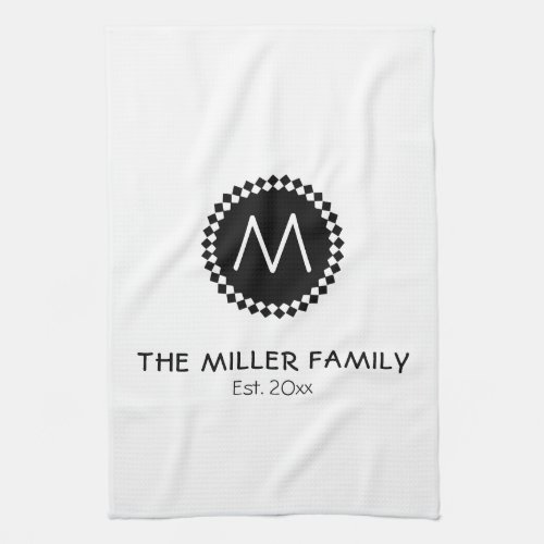 Monogram  Family Name  Black  White Medallion Kitchen Towel