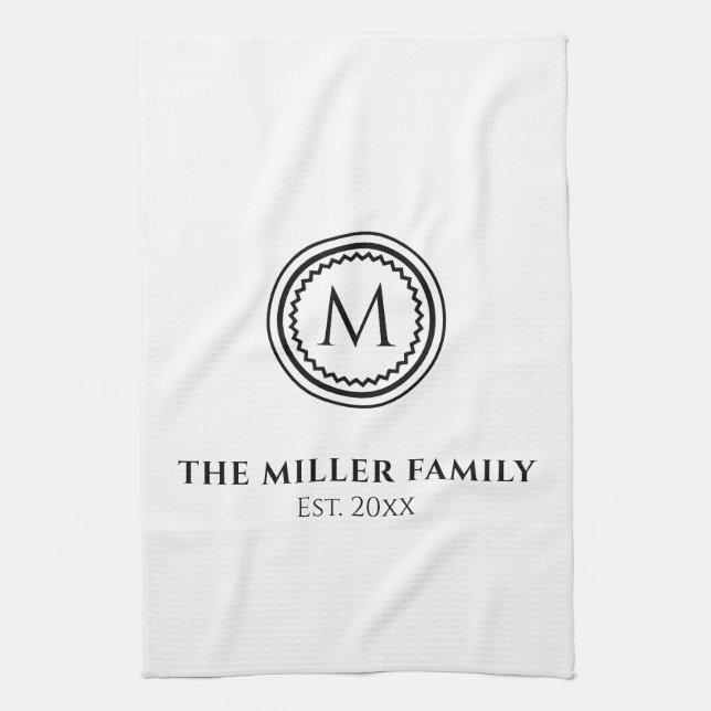 Monogram | Family Name | Black & White Medallion Kitchen Towel (Vertical)