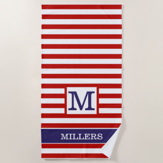 Monogram Family Name Blue Red Cabana Stripe Beach Towel