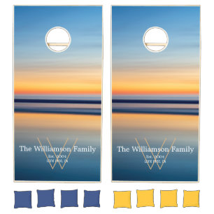 Monogram Family Name BlueOrange Beach Ocean Sunset Cornhole Set