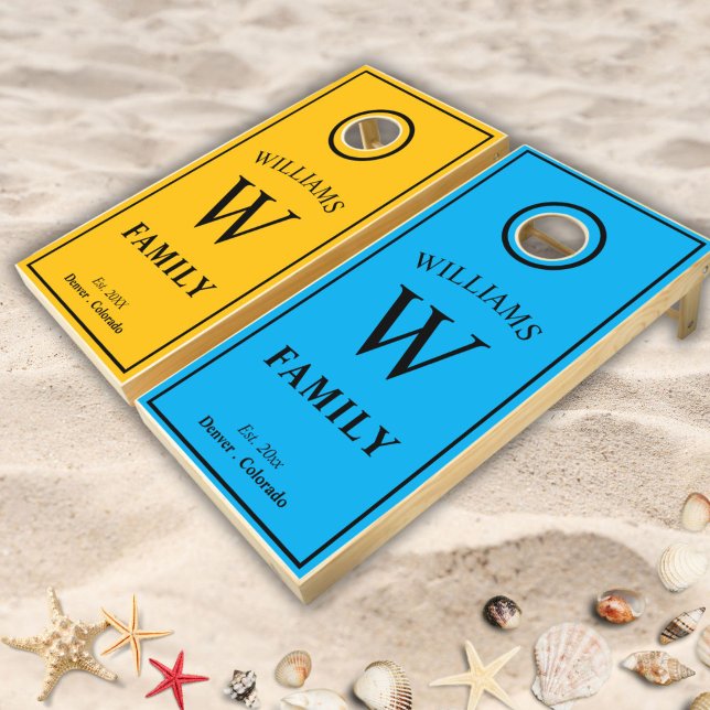 Monogram family name bright beach cornhole set (Creator Uploaded)