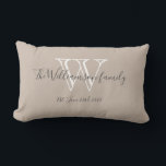 Monogram   Family Name Chic Script Keepsake Gift   Lumbar Pillow<br><div class="desc">Monogram Family Name Chic Script Keepsake Gift Beige Lumbar Pillow. Click personalize this template to customize it with the monogram last name initial, family's last name, and marriage date quickly and easily. Makes a unique beautiful gift for newlyweds. Lovely for their new life together or for your home. Monogram Family...</div>