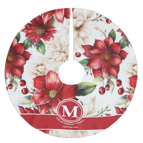 Monogram Family Name Christmas Floral Red Pattern  Brushed Polyester Tree Skirt