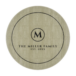 Monogram Family Name & Date   Sage & Black Round Cutting Board