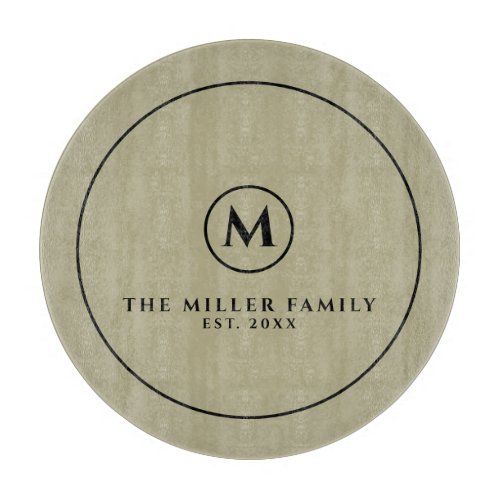 Monogram Family Name  Date  Sage  Black Round Cutting Board