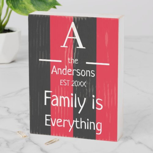 Monogram family name established black and red wooden box sign