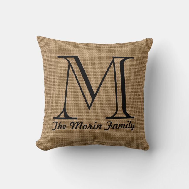 Monogram Family Name Faux Burlap Throw Pillow (Front)