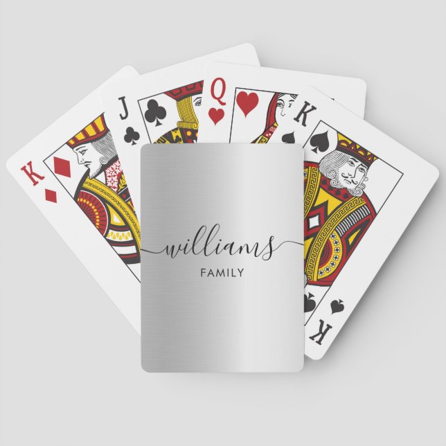 Monogram Family Name Faux Silver  Poker Cards (Back)
