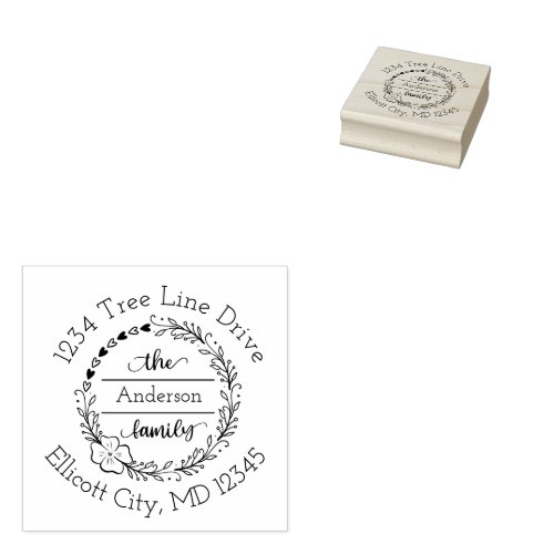 Monogram Family Name Floral Heart Wreath  Rubber Stamp