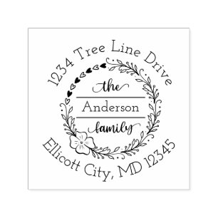 Monogram Family Name Floral Heart Wreath Self-inking Stamp