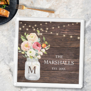 Monogram Family Name Floral Mason Jar Rustic Acrylic Tray