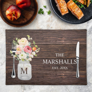 Monogram Family Name Floral Mason Jar Rustic Cloth Placemat