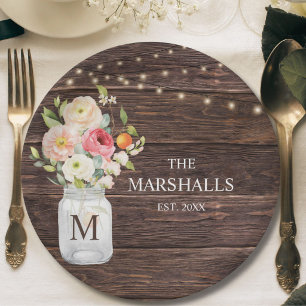 Monogram Family Name Floral Mason Jar Rustic Paper Plates