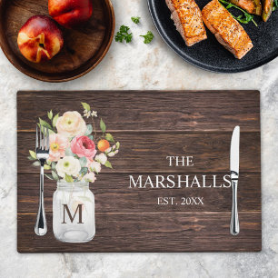 Monogram Family Name Floral Mason Jar Rustic Placemat