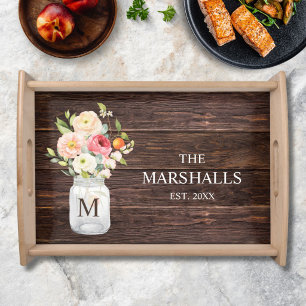 Monogram Family Name Floral Mason Jar Rustic Serving Tray