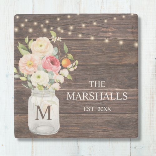 Monogram Family Name Floral Mason Jar Rustic Stone Coaster