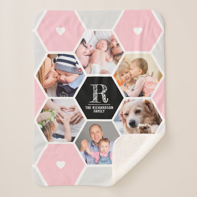 Monogram Family Name Geometric 6 Photo Collage Sherpa Blanket (Front)